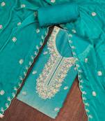 Turquoise viscose georgette embroidered unstitched dress material