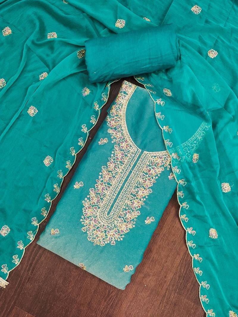Turquoise viscose georgette embroidered unstitched dress material