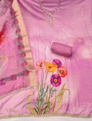 Pink rayon cotton embellished unstitched dress material 3