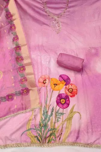 Pink rayon cotton embellished unstitched dress material