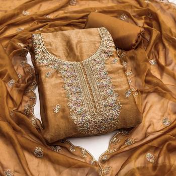 Mustard viscose georgette embroidered unstitched dress material 2
