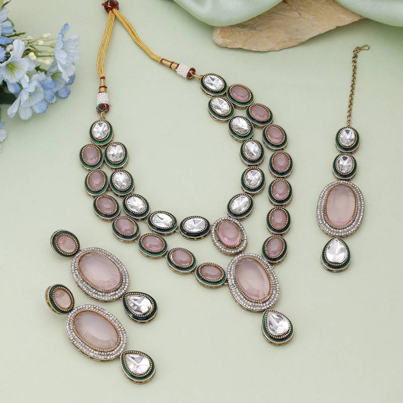 Pink color kundan necklace set