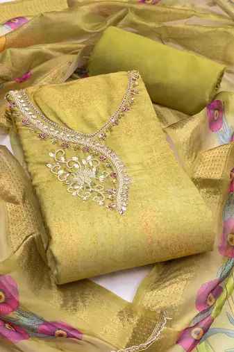 Mehendi rayon cotton embellished unstitched dress material
