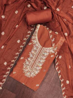 Rust viscose georgette embroidered unstitched dress material 1