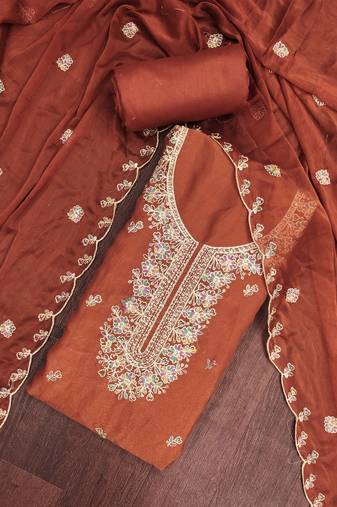Rust viscose georgette embroidered unstitched dress material