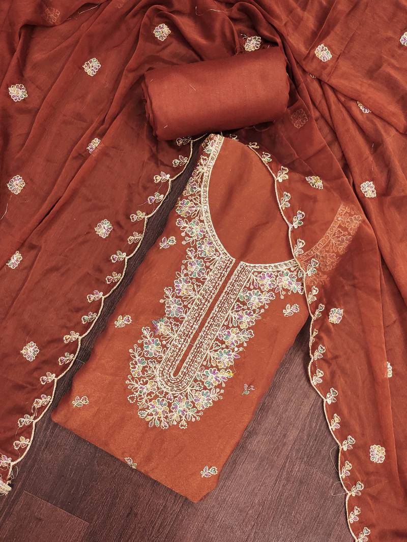 Rust viscose georgette embroidered unstitched dress material