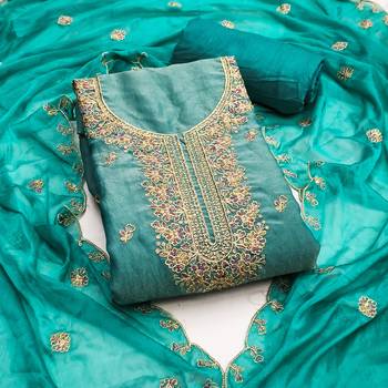 Turquoise viscose georgette embroidered unstitched dress material 2