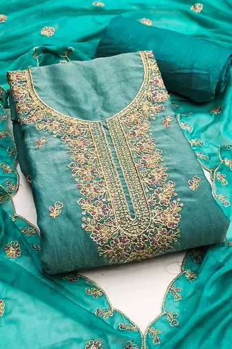 Turquoise viscose georgette embroidered unstitched dress material
