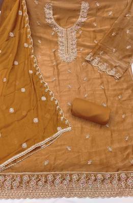 Mustard viscose georgette embroidered unstitched dress material 3