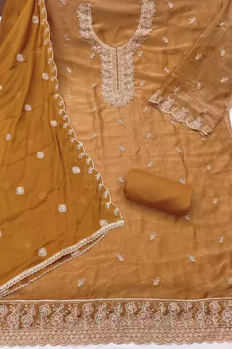 Mustard viscose georgette embroidered unstitched dress material