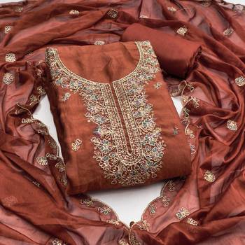 Rust viscose georgette embroidered unstitched dress material 2