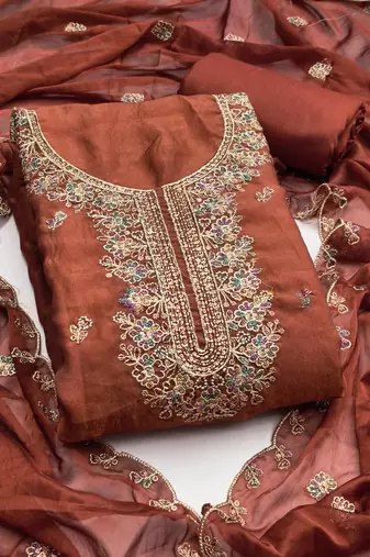 Rust viscose georgette embroidered unstitched dress material