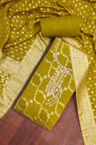 Mehendi cotton silk embellished unstitched dress material