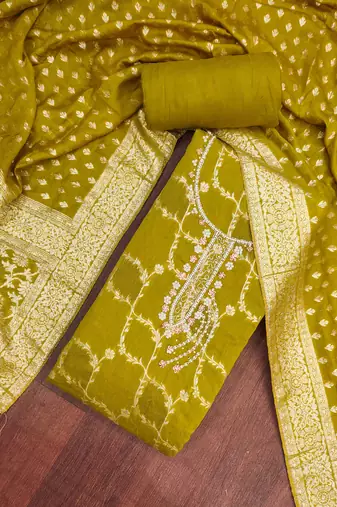 Mehendi cotton silk embellished unstitched dress material