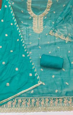 Turquoise viscose georgette embroidered unstitched dress material 3