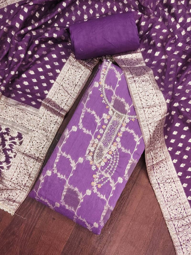Purple cotton silk embellished unstitched dress material