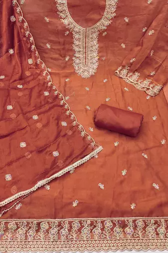 Rust viscose georgette embroidered unstitched dress material