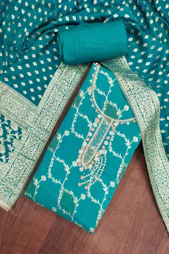 Turquoise cotton silk embellished unstitched dress material