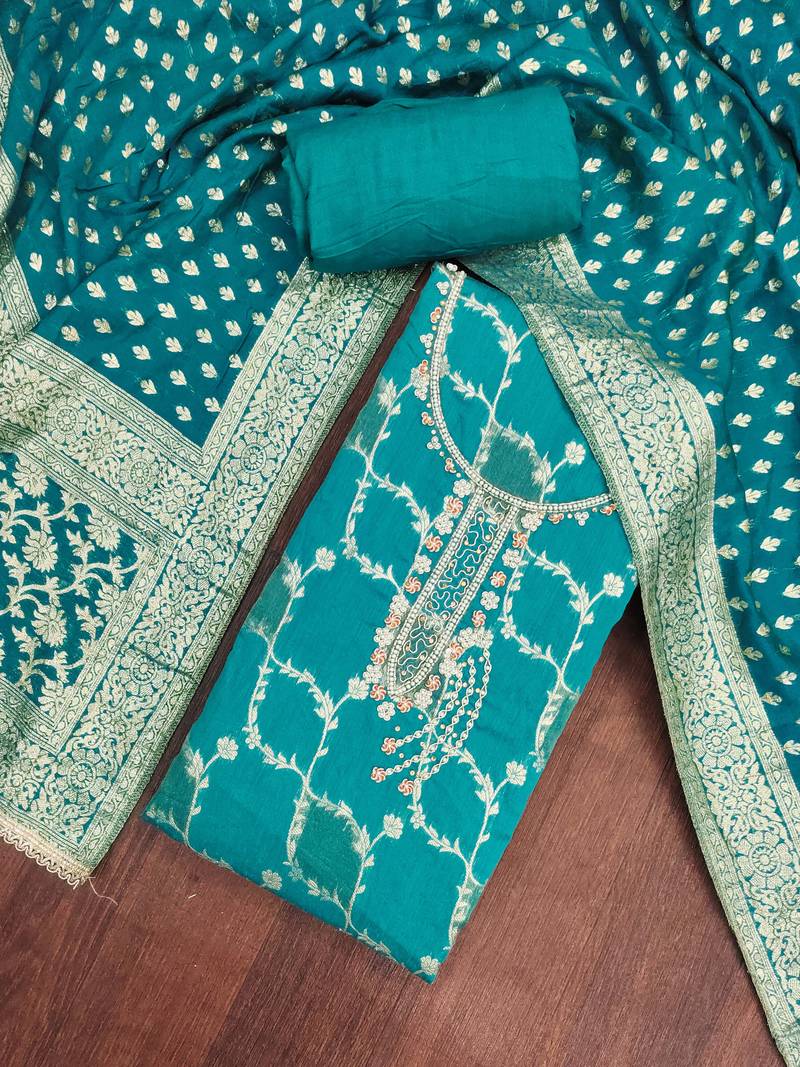 Turquoise cotton silk embellished unstitched dress material