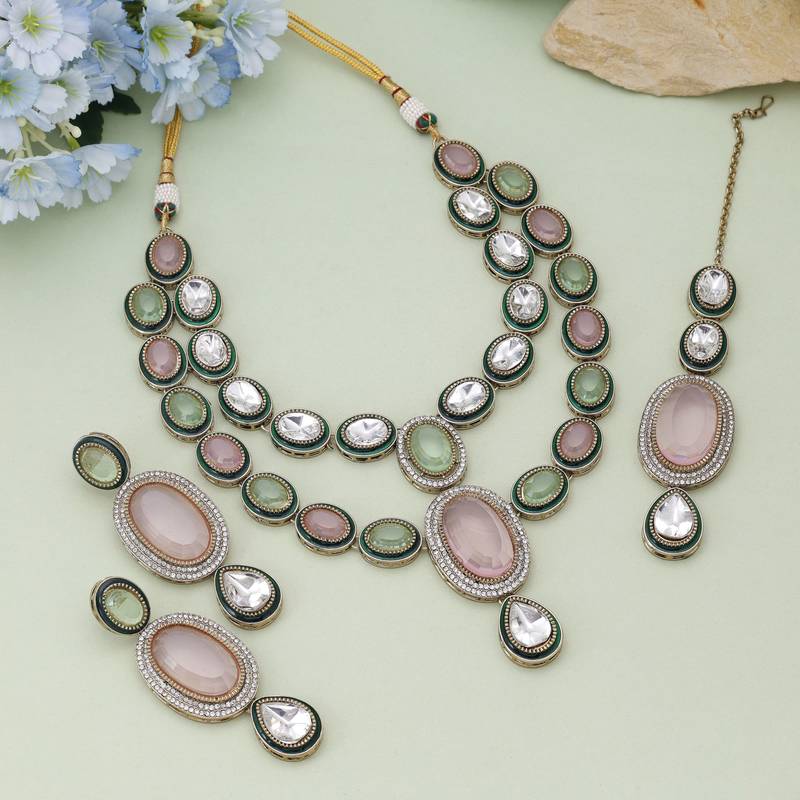 Pink & pista green color kundan necklace set
