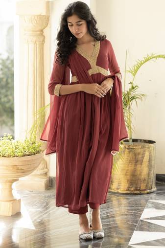 Aadya solid maroon anarkali kurta with pant & dupatta (set of 3)