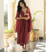 Aadya solid maroon anarkali kurta with pant & dupatta (set of 3)