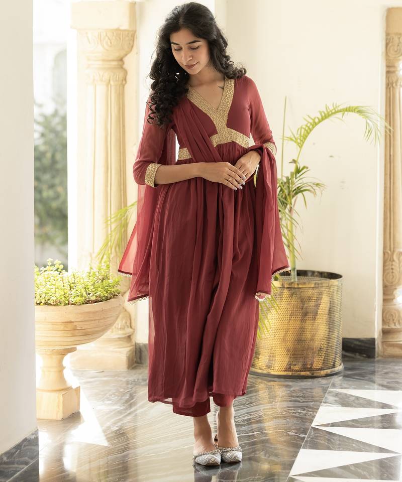 Aadya solid maroon anarkali kurta with pant & dupatta (set of 3)