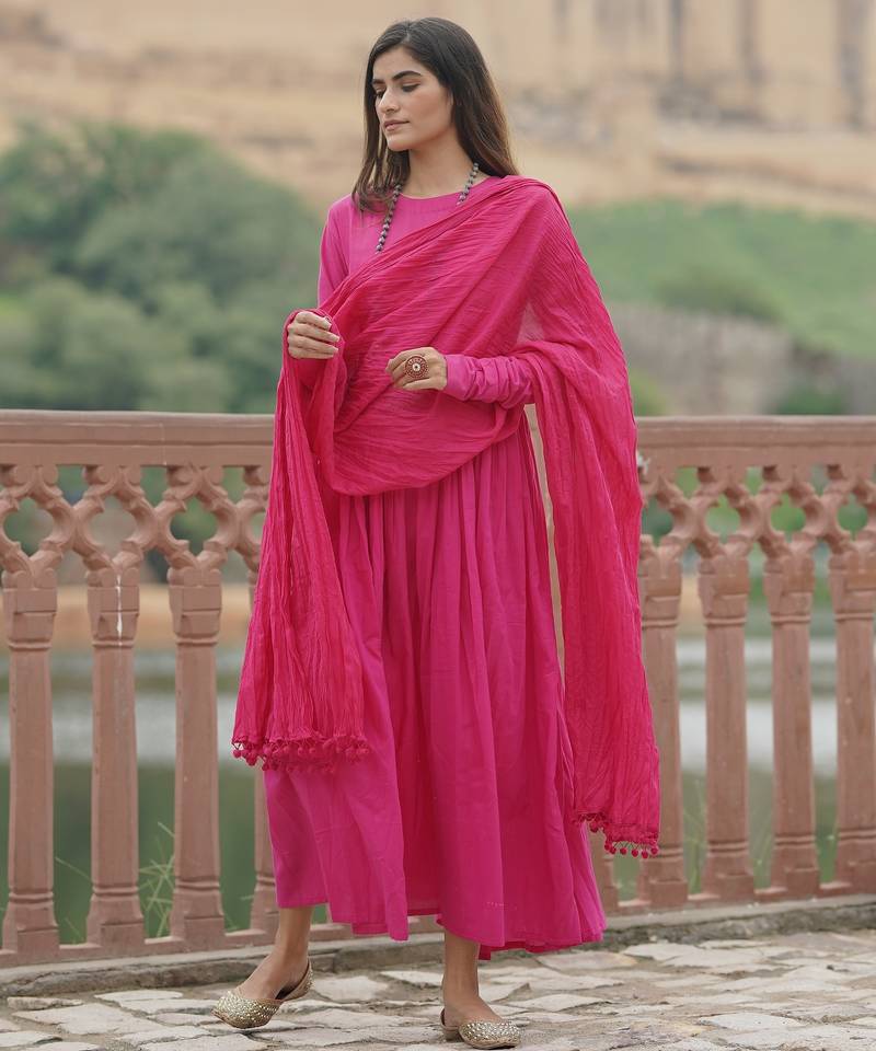 Gulabi solid pink anarkali kurta with dupatta