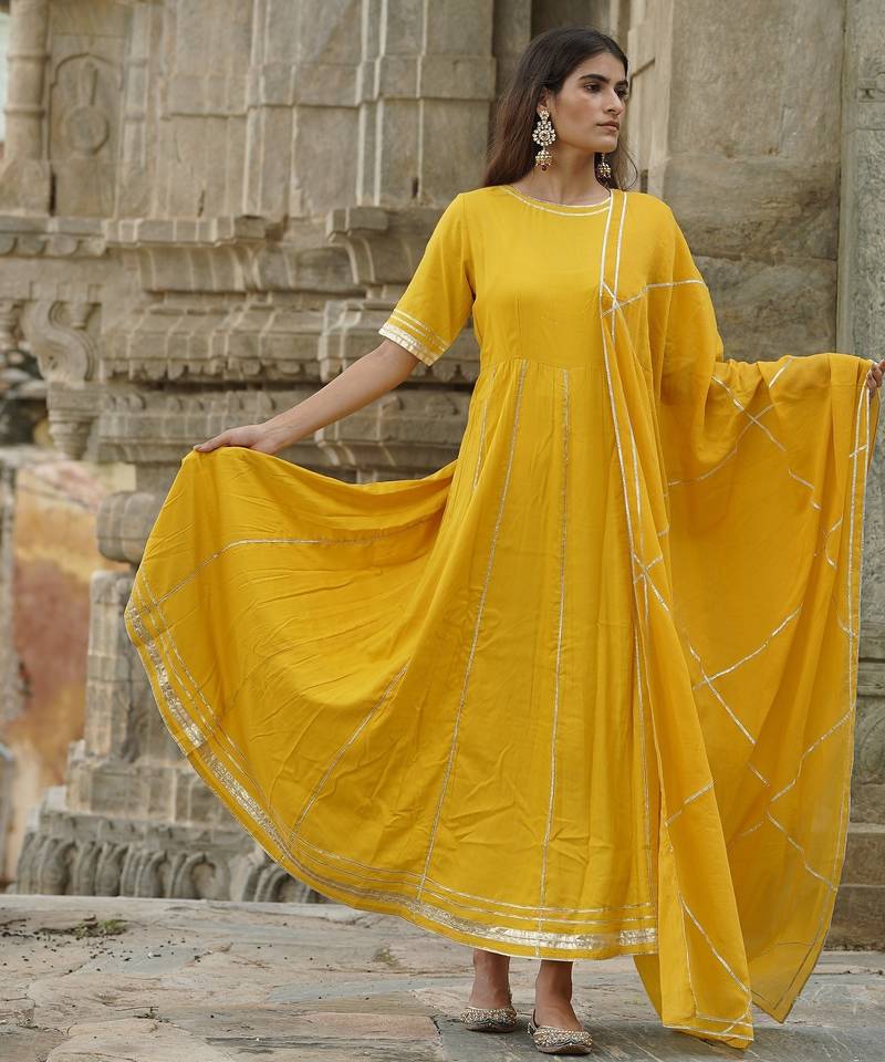 Ruhaaniyat solid yellow anarkali kurta with dupatta (set of 2)