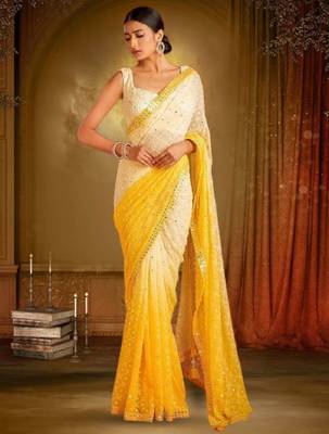 White & yellow mirror work georgette saree 1