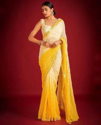 White & yellow mirror work georgette saree 2