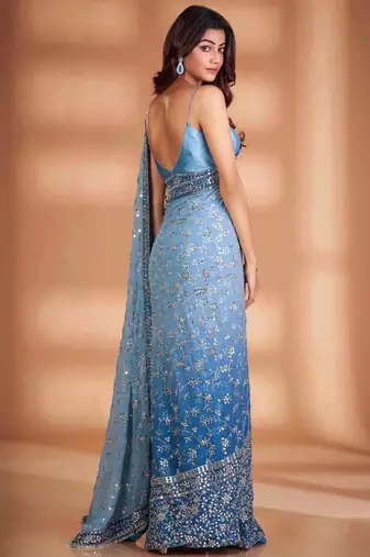 Sky blue ombre floral embroidered saree