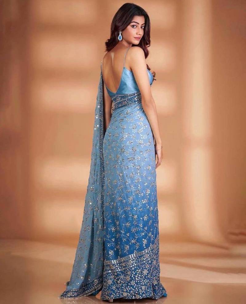 Sky blue ombre floral embroidered saree