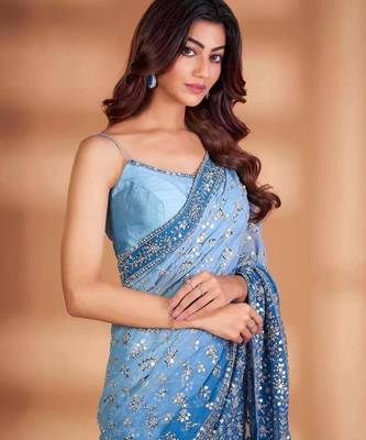 Sky blue ombre floral embroidered saree 3