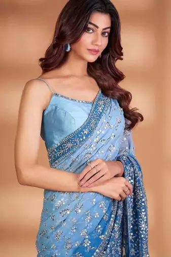 Sky blue ombre floral embroidered saree