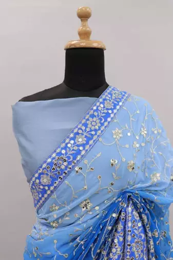 Sky blue ombre floral embroidered saree