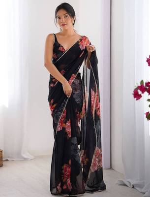 Black floral print georgette saree 1