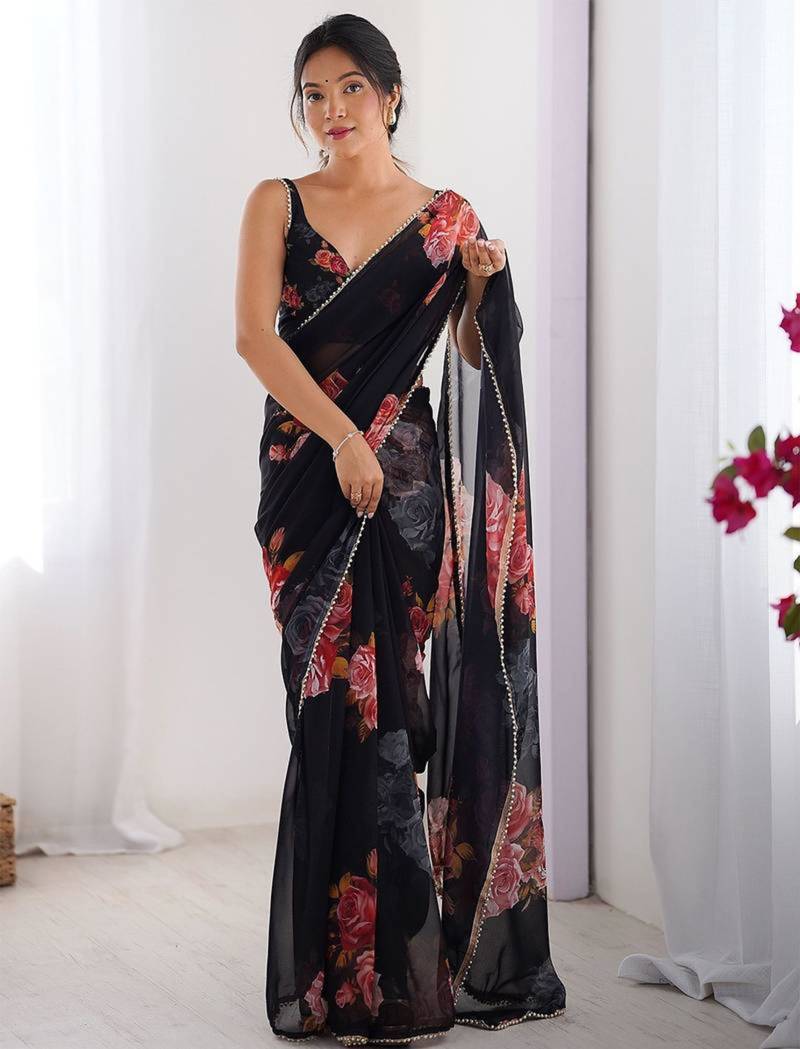 Black floral print georgette saree