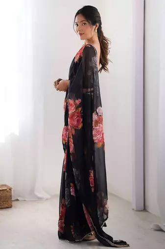 Black floral print georgette saree