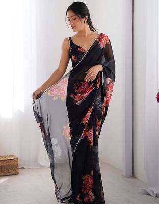 Black floral print georgette saree 3