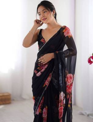 Black floral print georgette saree 4