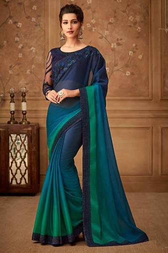 Teal & navy dual-tone chiffon saree