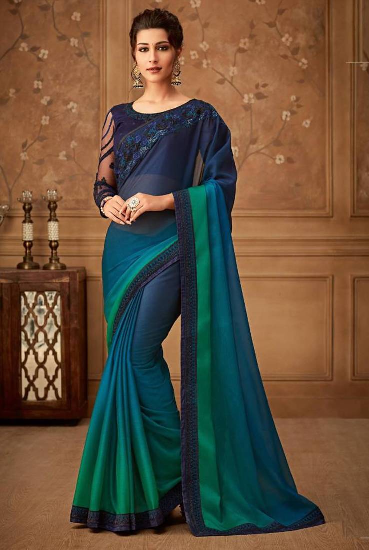 Teal & navy dual-tone chiffon saree