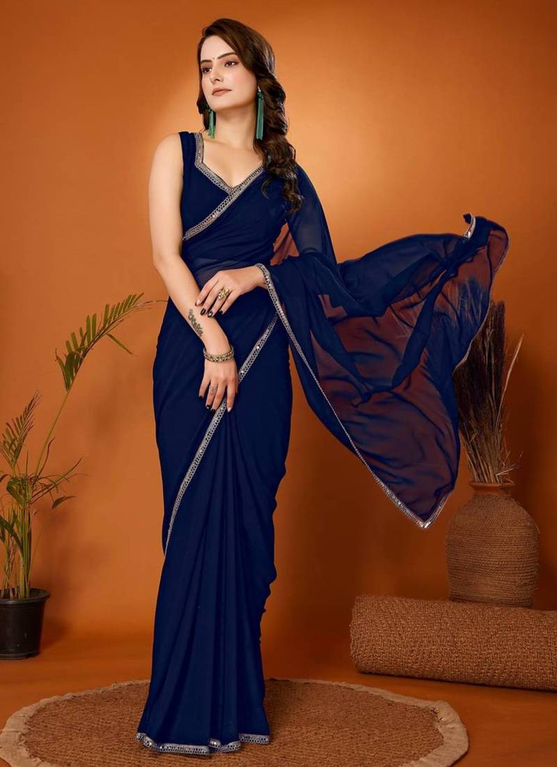 Midnight blue minimalist georgette saree