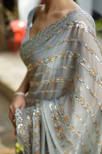 Silver grey sequin embellished saree