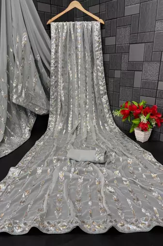 Silver grey sequin embellished saree