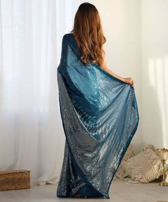 Teal sequin embroidered georgette saree 3