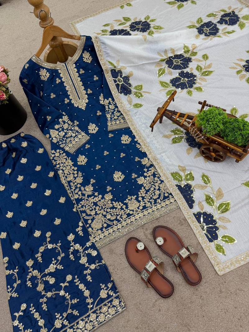 Blue silk embroidered ethnic set