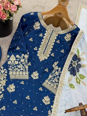 Blue silk blend embroidered ethnic set 3
