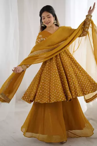 Crunchy silk blend mustard yellow polka dot anarkali